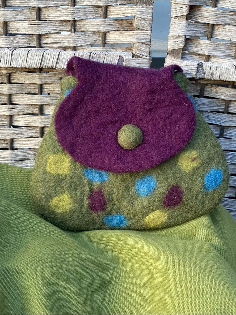 Rising Tide Avocado Green Purple Polka Dot Clutch Bag Purse Pouch Wool Felt